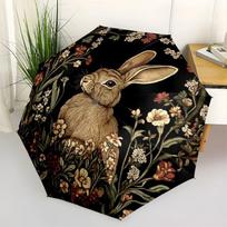 Rabbit in Flowers: A Whimsical Circular Art PrintUmbrella with Cute Design,Portable 3-Fold Compact Umbrella for Men&Women,Valentine's Day Mo