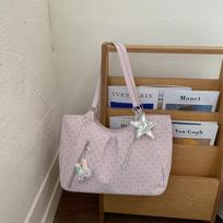 Vintage Frosted Tote Bag Casual Students Purse Large Capacity Shoulder Bag Polka Dot Drawstring Zipper Handbag with Star Pendant