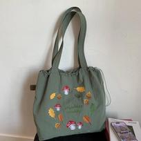 Vintage Embroidery Nyl Tote Shoulder Bag for Women Large Capacity Ladies Drawstring Shopper Bags Casual Portable Handbags tamsiai žalia spalva