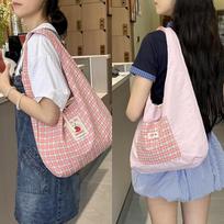 Carto Tomato Plaid Women Shoulder Bags Large Capacity Ladies Double-sided Vest Bag Student Class Versatile Girls Handbags Tote rožinė žalia spalva