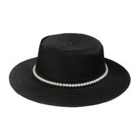 Pearl Chain Wide Brim Straw Hat Straw Weaving Weave Bucket Hat Elegant Flat Sun Cap  Party
