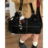 Korean Double Stitching Tote Bag, Ruched Design With Cute Pendant, Motorcycle Bag Women's Shoulder Underarm Bag Women's Handbag