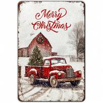 Planetjuice Vintage Christmas Red Truck Metal Tin Sign Wall Art 8x12 Inch Garage Home Decor Gift 20x30