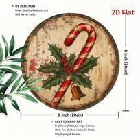 Planetjuice Vintage Candy Cane Metal Wall Art Rustic Holiday Decor with Holly Berries Golden Bells Home Garden Decor 20x20