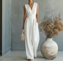 Women's Elegant Wide Leg V Neck Waist Cinched Sleeveless Jumpsuit with Flowing Design for Casual or Formal Occasions XXL