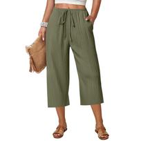 Women’s Wide Leg Cropped Pants High Waist Drawstring Loose Fit Lightweight Crinkled Fabric Casual Trousers for Daily Wear S