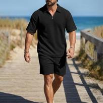 Men's Casual Knit Short Sleeve Zip Collar Shirt and Drawstring Shorts Set Lightweight Breathable Two Piece Outfit L