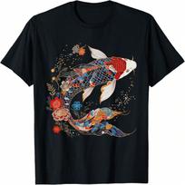 Koi Fish Vintage Flower Pattern Japanese Art Floral Koi Carp T-Shirt S