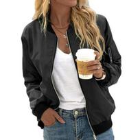 Fall Spring Women Coat Stand Collar Zip-up Elastic Cuff Hem Solid Color Loose Cardigan Lady Daily Wear Outdoor Jacket XL