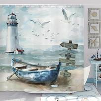 Nautical Coastal Shower Curtain, Ocean Lighthouse & Sailboat Design, Blue Teal Decor with Hooks, Bathroom & Window Use (as the picture,90X180cm(35x70in))