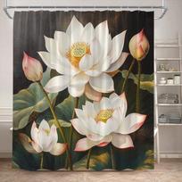 Lotus Shower Curta White Floral Green Leaves Plant Chinese Style Art Bath Curtain Polyester Bathroom Bathtub Decor With Hooks (as the picture,90x180cm-35x70in)
