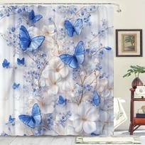 Blue Butterfly Theme Shower Curtain - Waterproof, 12 Hooks, Suitable for Home/Hotel, Machine Washable, One Piece (as the picture,W90XH180cm)