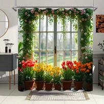 Vibrant Garden Window with Potted Flowers Waterproof Shower Curtain for Modern Bathroom Decor, Perfect for Home Use (as the picture,W90XH180cm)