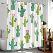 Mexican Style Shower Curta Cartoon Tropical plants Cactus Bathroom Decor Polyester Fabric Bath Curtain with Hooks Washable (as the picture,90x180cm-35x70in)