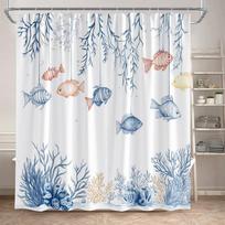 Ocean Fish Shower Curta Watercolour Coral Sea Animals Kids Bath Curtain Polyester Cloth Modern Home Bathroom Decor with Hooks (as the picture,90x180cm-35x70in)