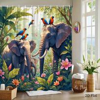 Elephant Parrot Shower Curtain 1pc – Tropical Jungle with Colorful Birds & Lush Foliage, Wildlife Bath Curtain for Home Decor (as the picture,90X180cm(35x70in))