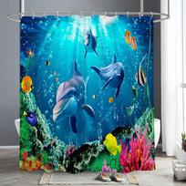 Ocean Animals Shower Curta Dolphin Sea Turtle Fish Coral Underwater Cave Scenery Fabric Children Bath Curtain Bathroom Deco (as the picture,90x180cm)