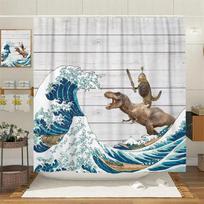 Funny Cat Riding Dinosaur Shower Curta Cute Animal Sea Waves Surfboard Creative Kids Bath Curtain Set Fabric Bathroom Decor (as the picture,90x180cm-35x70in)