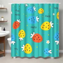 Teal Strawberry Shower Curtain  Whimsical “Hello” Polka-Dot Fruit Design 12 Hooks, Machine Washable, Cheerful Kids & Modern Bath (as the picture,90x180cm35x71in)