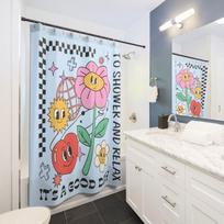 Retro 70s Floral Shower Curtain - Blue Heart Flower, Disco Checkerboard, Unique Bathroom Decor, Cute Bath Gift (as the picture,W90XH180cm)