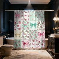 1pc Pink Bow Printed Shower Curtain With Multiple Sizes Partition Privacy Hanging Curtain With 12 Hook Home Bathroom Decoration (as the picture,90x180cm)