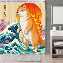 Japanese Cat Shower Curtain, Vintage Anime Sunset Wave Art, Waterproof Fabric with Hooks (as the picture,W90xH180cm)