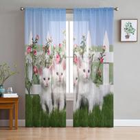 Cartoon Animal Cat Sheer Voile Curta For Living Room Bedroom Printed Tulle Window Curtain Luxury Home Balcony Decor Drapes W50XH250cm x 2&Rod Pocket