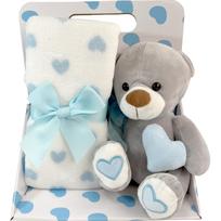 Q-FLA Plush Toy Bear Teddy Bear Animal Gift Bear & Blanket Blue Heart Set Gift Present Celebration Birthday 826566