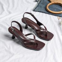 Women's Wine Red Square-Toe Thong High Heels with Ankle Strap and Thin Heel for Summer 43