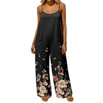 Women Casual Loose Fit Vintage Style Jumpsuit Wide Leg Overalls Pocketed Sleeveless Backless One Piece Romper L