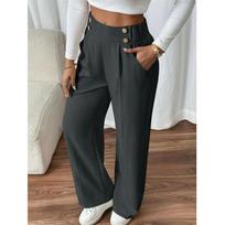 Women's High Waist Wide Leg Pants - Flowy Floor-Length Trousers Minimalist Straight Fit Lounge Pants with Elastic Wais S