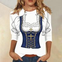 Women's Casual Three Quarter Sleeve Oktoberfest Print Round Neck Top Lightweight Comfortable Fit Blouse for Daily Wear L smėlis
