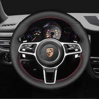 for Porsche Taycan Cayenne Macan Panamera 718 911 hand-stitched non-slip black genuine Leather car steering wheel cover