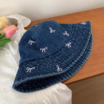 Wide Brim Denim Fisherman Hat Bow Embroidered Beach Sun Hat Fashion Bucket Hat