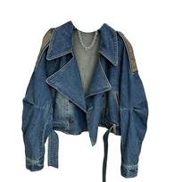 Streetwear džinsiniai švarkai moterims, patchwork stiliaus, kasdieniai viršutiniai drabužiai, Y2k viršūnės, Harajuku mada, vintažiniai paltai S mėlyna