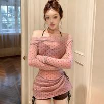 Pure sweet and spicy storm point off-the-shoulder blouse bikini three-piece set, covering the meat and looking thin, island vacation hot spring S [ 35-42.5kg ]