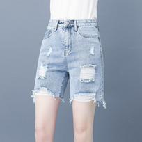 Fashionable Women's High Waisted Wide Leg Jeans Shorts with Holes for Summer 27