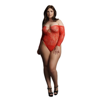 Shots Wonder Rhinestone Lace Bodysuit Plus Size Raudona Off-Shoulder 1XL-3XL