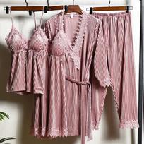 Lace Edge Bathrobe Velvet Pajamas 4-piece Pajamas Set Loose Velvet Home Clothes Women's Autumn and Winter New Pajamas Home Clothes M