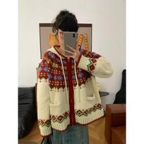 Contrasting colors Fair Island thickened hooded sweater jacket women's autumn and winter new loose versatile and thin knitted cardigan One size smėlis