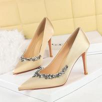 Fashion Elegant Party High Heels Pointed Toe Satin Rhinestone Stiletto Pumps Women Shoes 34