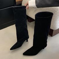 Fashion Liyke Autumn Winter Sexy Women Knee-High Boots Street Style Pointed Toe Thin Low Heels Cowboy Ladies Shoes Long Botas De Mujer 35 juoda