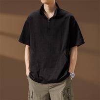 Summer High Street Cool Men's Polo Shirt Thin Short Sleeve T-Shirt Loose Ice Silk Collarless Shirt Japanese Style Loose Fit XS