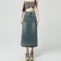 Raw Edge Cowboy Skirt Halter Women Summer Vintage High Waist Package Hip Skirt Medium Long A-Line Versatile Comfortable Fashion Denim Bustier Skirt S