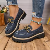 Women's Wide Width Metallic Buckle Loafers - British Style Chunky Heel Platform Flats for Fall, Casual Fashion Shoes 36