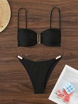 Women’s Solid Color Bandeau Bikini Swimwear Set, Sexy Triangle Two-Piece Swimsuit, Summer Beach Tankini Bathing Suit XS