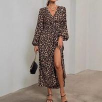 Women Dress Autumn Winter Women's Lantern Sleeve Dress Smocked Design High Slit Elegant Long Sleeve Midi Dress S