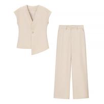 Burgundy V-Neck Short Sleeve Top and Wide Leg Pants Set S