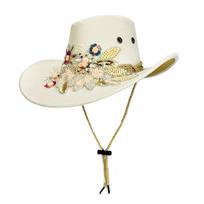 Fashion Wide Brim Western Cowboy Cap Embroidered Woolen Cowgirls Visor Cap Sequins Breathable Tibetan Hat Outdoor