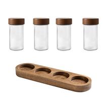 4PCS Transparent Glass Seasoning Jars Sealed Moisture-proof Spice Jars with Wooden Pallets Golden Bean Bottle